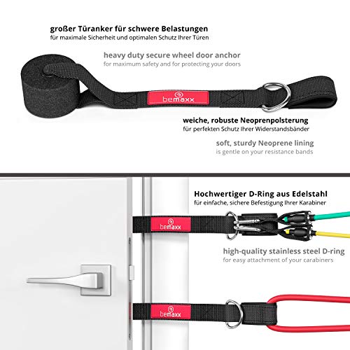 BeMaxx Juego de Bandas de Resistencia elásticas + guía de Ejercicios – Cintas Profesionales: 5 Tubos de látex + Tobillera, Anclaje para Puerta & Asas | Fitness, Gimnasio, Crossfit, Culturismo