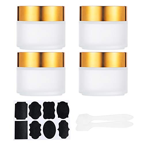 BENECREAT 4 Pack 100ml Tarro de Vidrio Esmerilado Bote de Vidrio Grueso con Tapa Dorada y Forro Blanco Envase Superior de Cosmético con Etiquetas y Cuchara para Mezcla