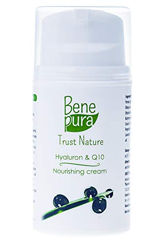 BenePura Crema Facial Hialuron & Q10 50 ml - Crema Nutritiva para Pieles Maduras - Energiza las Células de la Piel - Sin Pruebas en Animales, Libre de Parabeno, Sin Gluten,Vegano,Hecho a mano en la UE