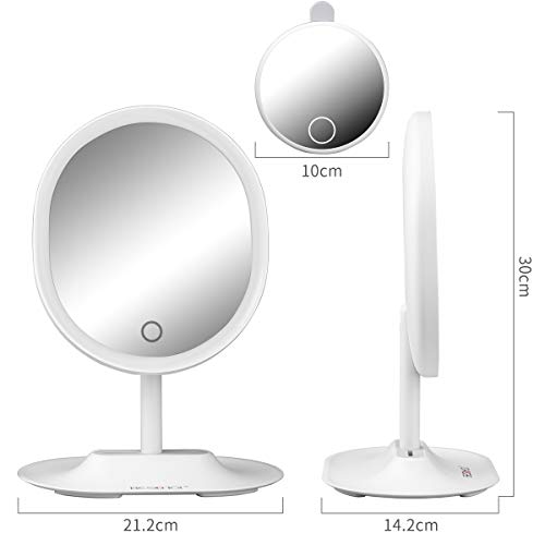 BESCHOI Espejo Maquillaje con Luz LED, Espejo Aumento 5X, Espejo Cosmético Pantalla Táctil，Regulable Luz LED Diurna, Rotación de 120°, Carga con USB, Portátil y Sin Cable（Blanco）