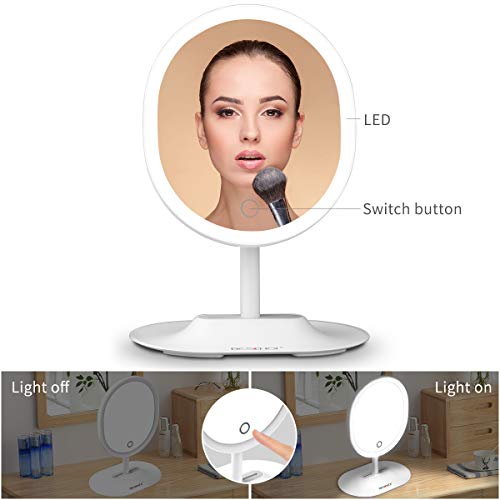 BESCHOI Espejo Maquillaje con Luz LED, Espejo Aumento 5X, Espejo Cosmético Pantalla Táctil，Regulable Luz LED Diurna, Rotación de 120°, Carga con USB, Portátil y Sin Cable（Blanco）