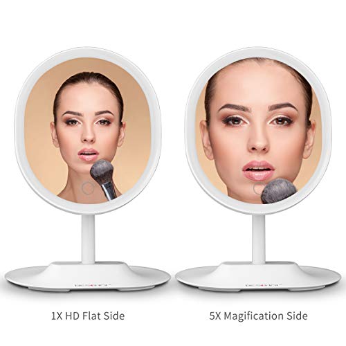 BESCHOI Espejo Maquillaje con Luz LED, Espejo Aumento 5X, Espejo Cosmético Pantalla Táctil，Regulable Luz LED Diurna, Rotación de 120°, Carga con USB, Portátil y Sin Cable（Blanco）