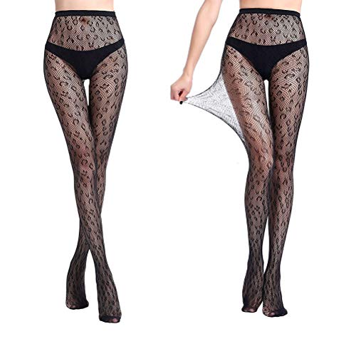 BESTOYARD Medias de Las Mujeres del Tatuaje de Jacquard con Encaje elástico Top Liguero Pantimedias Bottom Romper Fishnet Jacquard Medias (patrón de Leopardo Negro)