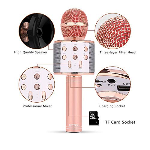 BETECK Micrófono Inalámbrico Karaoke Bluetooth Grabación Reproductor de KTV Portátil y Cantar de Mano Compatible con iPhone Android Smartphone iPad PC