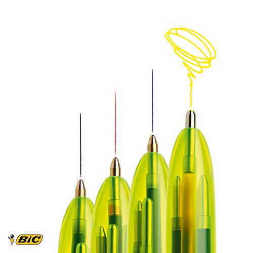 BIC 4 colores Fluo bolígrafos Retráctiles - Tinta Negra, Azul, Rojo y Amarillo Fluorescente, Blíster de 1 Unidad