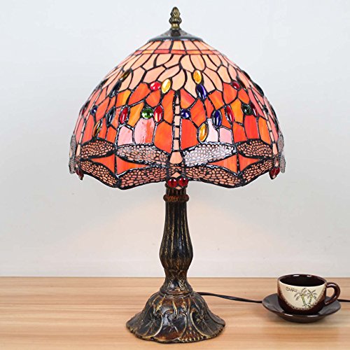 Bieye L30023 12 pulgadas Libélula Tiffany Style Vitral Lámpara de mesa con base de zinc, 18 pulgadas de alto