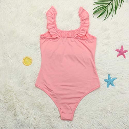 Bikini a Juego de Color sólido de una Sola Pieza Bikini Mamá Chica Ruffle Trim Monokini