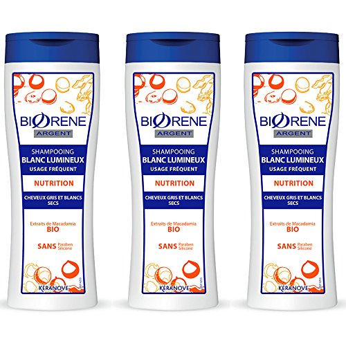 Biorène - Champú desamarillador de uso frecuente para aportar luz y nutrición a los cabellos blanco/gris secos sin silicona a la macadamia orgánica – Lote de 3