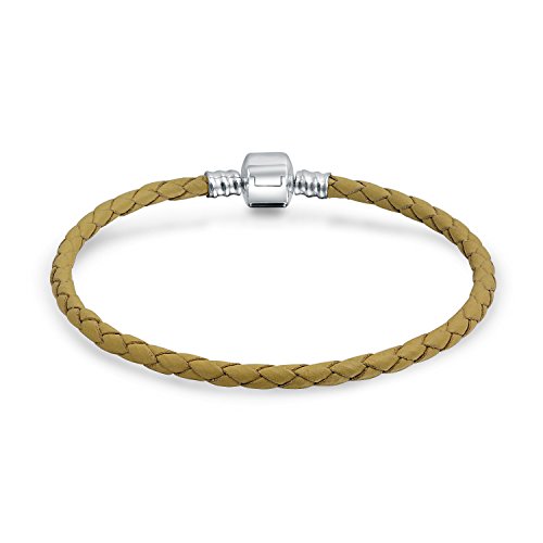 Bling Jewelry Pulsera de Cuero Trenzado del Bronceado del Bronceado del entrante para Las Mujeres para los Adolescentes se Adapta a Las Cuentas Europeas Encanto 925 Plata de Ley 7 Pulgadas
