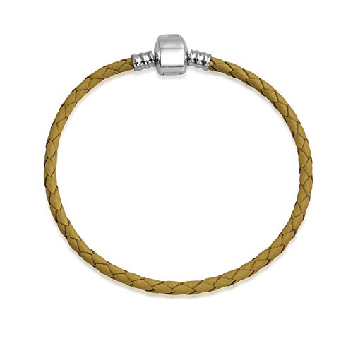 Bling Jewelry Pulsera de Cuero Trenzado del Bronceado del Bronceado del entrante para Las Mujeres para los Adolescentes se Adapta a Las Cuentas Europeas Encanto 925 Plata de Ley 7 Pulgadas
