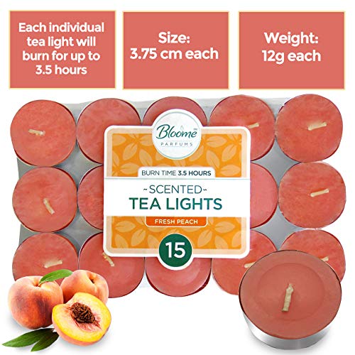 bloome Velas candelitas perfumadas de Lavanda con aceites de Fragancia Importados no tóxicos Premium (Tiempo de combustión de 3,5 Horas) Pack de 15 melocotón