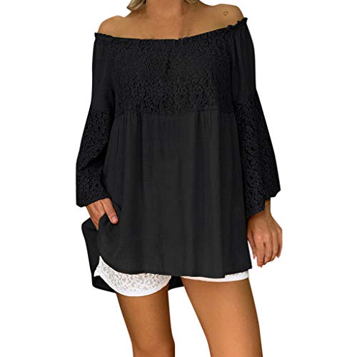 Blusa de Las Mujeres Ocasionales Fuera del Hombro sólido Encaje Largo la Manga Remiendo cordón Tops Mujer Fuera Camisa Hombro Blusas Casuales Top Camiseta Vestido túnica Swing Estilo