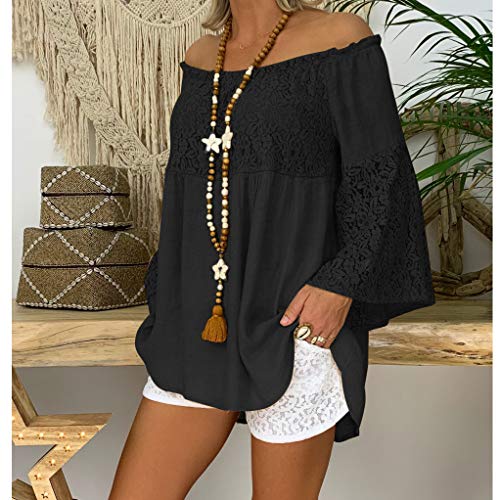 Blusa de Las Mujeres Ocasionales Fuera del Hombro sólido Encaje Largo la Manga Remiendo cordón Tops Mujer Fuera Camisa Hombro Blusas Casuales Top Camiseta Vestido túnica Swing Estilo
