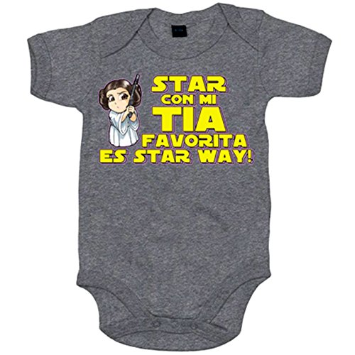 Body bebé Star con mi tia favorita es Star Way parodia Princesa Leia - Gris, 6-12 meses