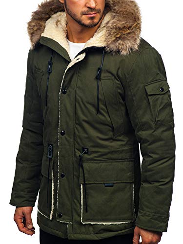 BOLF Hombre Chaqueta Parka de Invierno con Capucha Cierre de Cremallera y Botones Cuello Elevado Estilo Casual J.Boyz 1099 Caqui XXL [4D4]