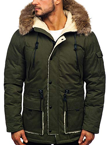 BOLF Hombre Chaqueta Parka de Invierno con Capucha Cierre de Cremallera y Botones Cuello Elevado Estilo Casual J.Boyz 1099 Caqui XXL [4D4]
