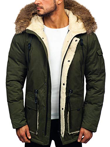BOLF Hombre Chaqueta Parka de Invierno con Capucha Cierre de Cremallera y Botones Cuello Elevado Estilo Casual J.Boyz 1099 Caqui XXL [4D4]
