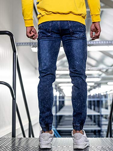 BOLF Hombre Pantalón Vaquero Jogger Denim Jeans Pantalón de Mezclilla Sombreado Vaqueros de Algodón Slim Fit Estilo Urbano Red Fireball HY562 Azul Oscuro M [6F6]