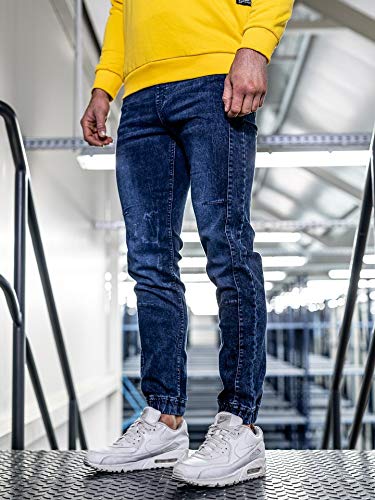 BOLF Hombre Pantalón Vaquero Jogger Denim Jeans Pantalón de Mezclilla Sombreado Vaqueros de Algodón Slim Fit Estilo Urbano Red Fireball HY562 Azul Oscuro M [6F6]