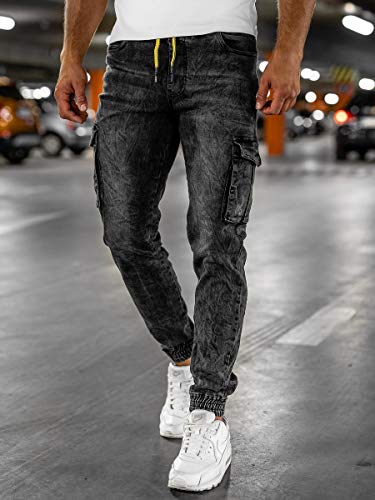 BOLF Hombre Pantalón Vaquero Jogger Pantalón Cargo Denim Jeans Pantalón de Mezclilla Sombreado Vaqueros de Algodón Slim Fit Estilo Urbano Red Fireball HY686 Negro M [6F6]