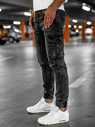 BOLF Hombre Pantalón Vaquero Jogger Pantalón Cargo Denim Jeans Pantalón de Mezclilla Sombreado Vaqueros de Algodón Slim Fit Estilo Urbano Red Fireball HY686 Negro M [6F6]
