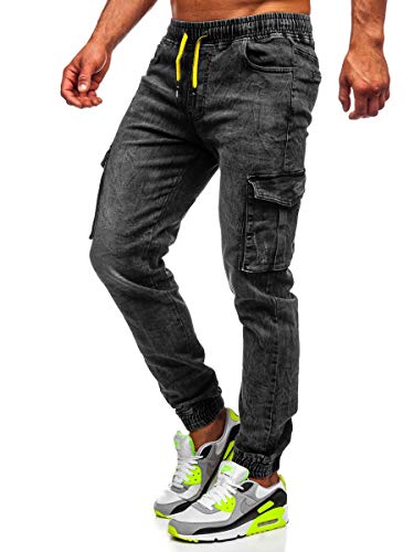 BOLF Hombre Pantalón Vaquero Jogger Pantalón Cargo Denim Jeans Pantalón de Mezclilla Sombreado Vaqueros de Algodón Slim Fit Estilo Urbano Red Fireball HY686 Negro M [6F6]
