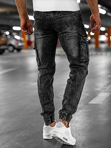 BOLF Hombre Pantalón Vaquero Jogger Pantalón Cargo Denim Jeans Pantalón de Mezclilla Sombreado Vaqueros de Algodón Slim Fit Estilo Urbano Red Fireball HY686 Negro M [6F6]