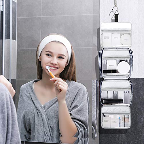 Bolsa de Aseo Colgante, Impermeable Neceser de Viaje Gran Bolsa de Aseo Impermeable Neceser Maquillaje con 4 Compartimentos y 1 Gancho Resistente para Mujeres/Hombres (Azul Marino y Blanco a Rayas)