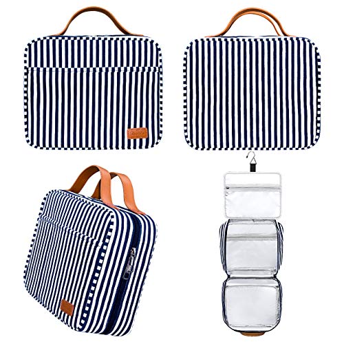Bolsa de Aseo Colgante, Impermeable Neceser de Viaje Gran Bolsa de Aseo Impermeable Neceser Maquillaje con 4 Compartimentos y 1 Gancho Resistente para Mujeres/Hombres (Azul Marino y Blanco a Rayas)