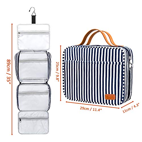 Bolsa de Aseo Colgante, Impermeable Neceser de Viaje Gran Bolsa de Aseo Impermeable Neceser Maquillaje con 4 Compartimentos y 1 Gancho Resistente para Mujeres/Hombres (Azul Marino y Blanco a Rayas)