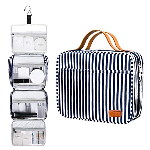Bolsa de Aseo Colgante, Impermeable Neceser de Viaje Gran Bolsa de Aseo Impermeable Neceser Maquillaje con 4 Compartimentos y 1 Gancho Resistente para Mujeres/Hombres (Azul Marino y Blanco a Rayas)