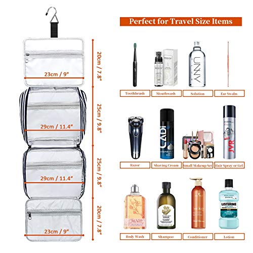Bolsa de Aseo Colgante, Impermeable Neceser de Viaje Gran Bolsa de Aseo Impermeable Neceser Maquillaje con 4 Compartimentos y 1 Gancho Resistente para Mujeres/Hombres (Azul Marino y Blanco a Rayas)