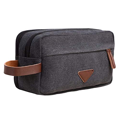 Bolsa de aseo de viaje para hombre con compartimentos dobles de lona de cuero cosmético organizador de maquillaje de afeitar kits de Dopp - negro