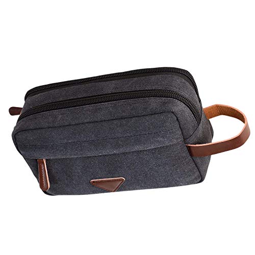 Bolsa de aseo de viaje para hombre con compartimentos dobles de lona de cuero cosmético organizador de maquillaje de afeitar kits de Dopp - negro
