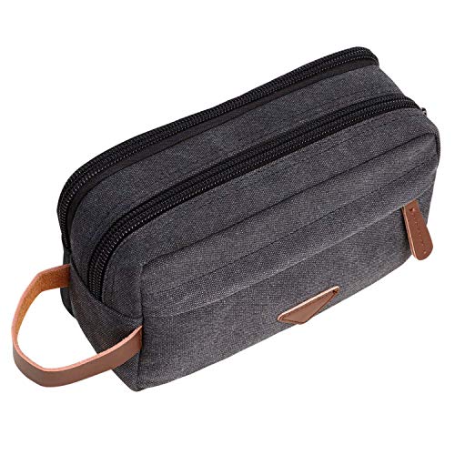 Bolsa de aseo de viaje para hombre con compartimentos dobles de lona de cuero cosmético organizador de maquillaje de afeitar kits de Dopp - negro