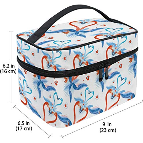 Bolsa de cosméticos de viaje, diseño de flamencos Love Tropical Palm Leaves Bolsa de maquillaje bolso de tren con cremallera portátil para viaje cosmético organizador grande para niñas y mujeres