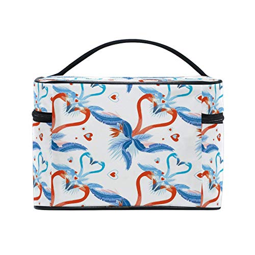 Bolsa de cosméticos de viaje, diseño de flamencos Love Tropical Palm Leaves Bolsa de maquillaje bolso de tren con cremallera portátil para viaje cosmético organizador grande para niñas y mujeres