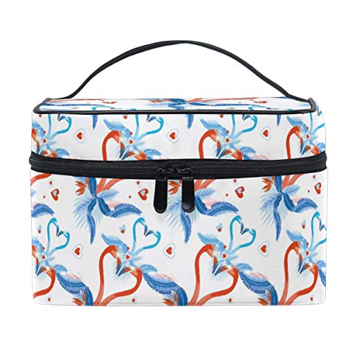 Bolsa de cosméticos de viaje, diseño de flamencos Love Tropical Palm Leaves Bolsa de maquillaje bolso de tren con cremallera portátil para viaje cosmético organizador grande para niñas y mujeres