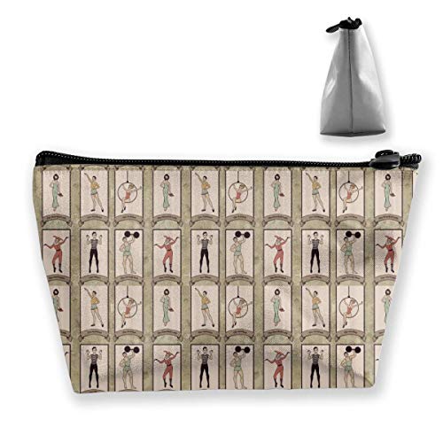 Bolsa de cosméticos portátil vintage de personajes de circo acróbata, dama barbada multifuncional impresión trapezoidal bolsa de almacenamiento para mujer
