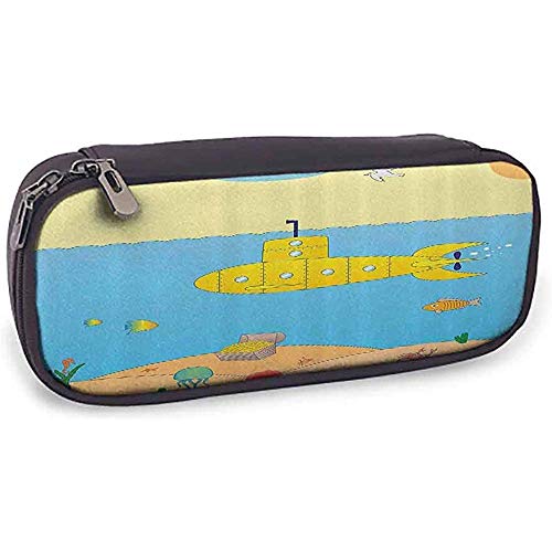 Bolsa de lápices Submarino amarillo Dibujos animados bajo el mar Aventura Medusa Cofre del tesoro Gaviota Patrón de pescado Azul Amarillo Beige