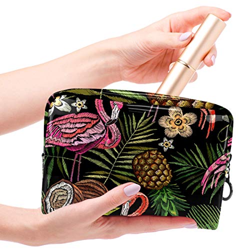 Bolsa de maquillaje portátil con cremallera bolsa de aseo de viaje para las mujeres práctico almacenamiento cosmético bolsa bordado flamenco palmera