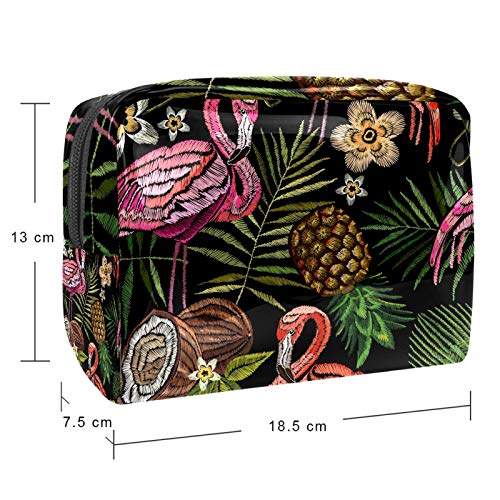 Bolsa de maquillaje portátil con cremallera bolsa de aseo de viaje para las mujeres práctico almacenamiento cosmético bolsa bordado flamenco palmera