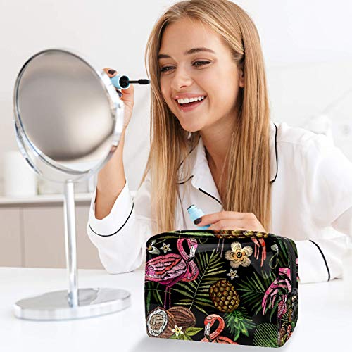 Bolsa de maquillaje portátil con cremallera bolsa de aseo de viaje para las mujeres práctico almacenamiento cosmético bolsa bordado flamenco palmera