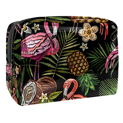 Bolsa de maquillaje portátil con cremallera bolsa de aseo de viaje para las mujeres práctico almacenamiento cosmético bolsa bordado flamenco palmera