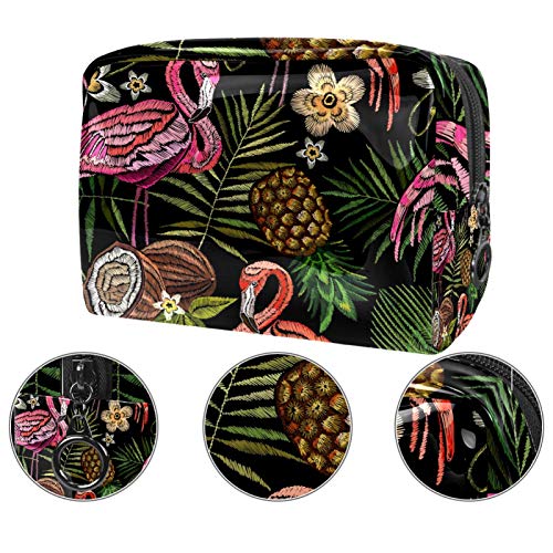 Bolsa de maquillaje portátil con cremallera bolsa de aseo de viaje para las mujeres práctico almacenamiento cosmético bolsa bordado flamenco palmera