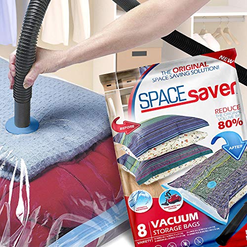 Bolsas de almacenamiento de vacío Spacesaver Premium. ¡80% más de almacenamiento! ¡Bomba manual para viajar! Doble-Zip Seal y Triple Seal Turbo-Valve para un ahorro máximo de espacio. (Variety 8 pack)