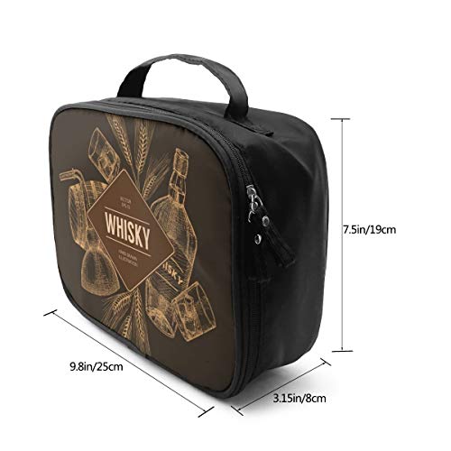 Bolsas de cosméticos para viajes de mujeres, plantilla de producción de whisky de vector, folleto, concepto. Elementos dibujados a mano vintage. Estuche