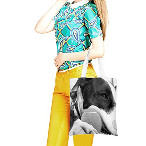 Bolsas de lona, lindo perro de aspecto triste Pitbull negro blanco con bola, bolsas de compras reutilizables lavables y ecológicas con asas de 35 x 16 pulgadas