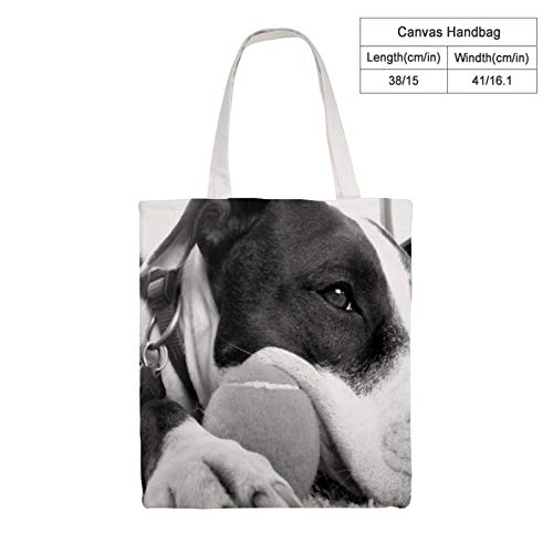 Bolsas de lona, lindo perro de aspecto triste Pitbull negro blanco con bola, bolsas de compras reutilizables lavables y ecológicas con asas de 35 x 16 pulgadas
