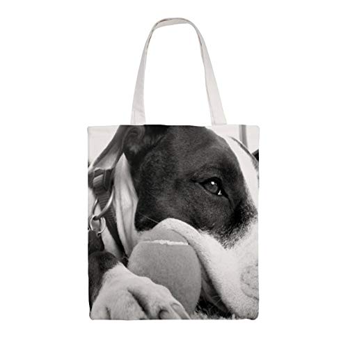Bolsas de lona, lindo perro de aspecto triste Pitbull negro blanco con bola, bolsas de compras reutilizables lavables y ecológicas con asas de 35 x 16 pulgadas